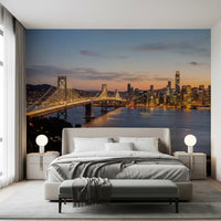 Bedroom mural with glowing bridge and city lights