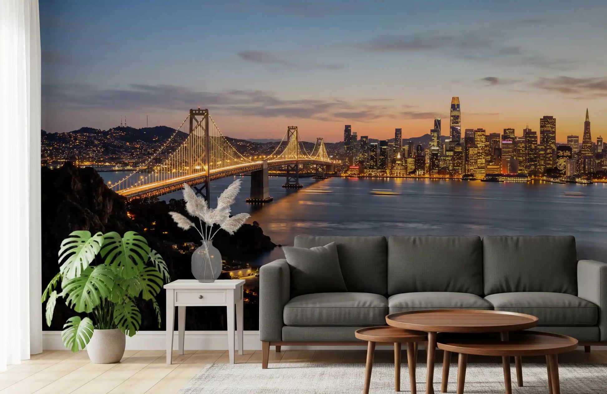 Lounge area wall mural with glowing city skyline Evening view