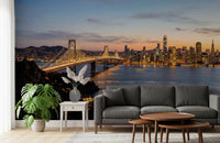 Lounge area wall mural with glowing city skyline Evening view