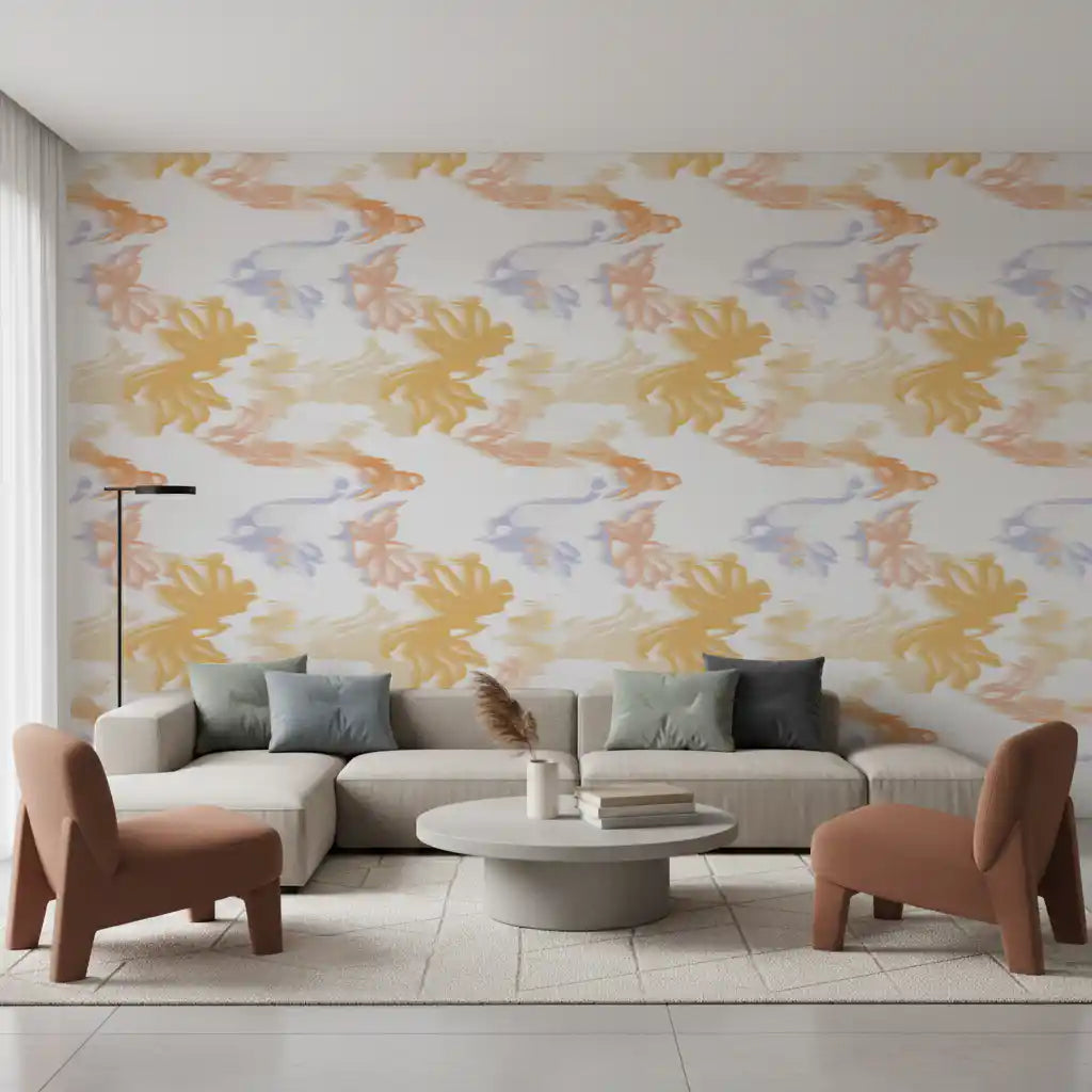 Living room styled with Lavado de Pastel Fluido wallpaper in soft pastel flow