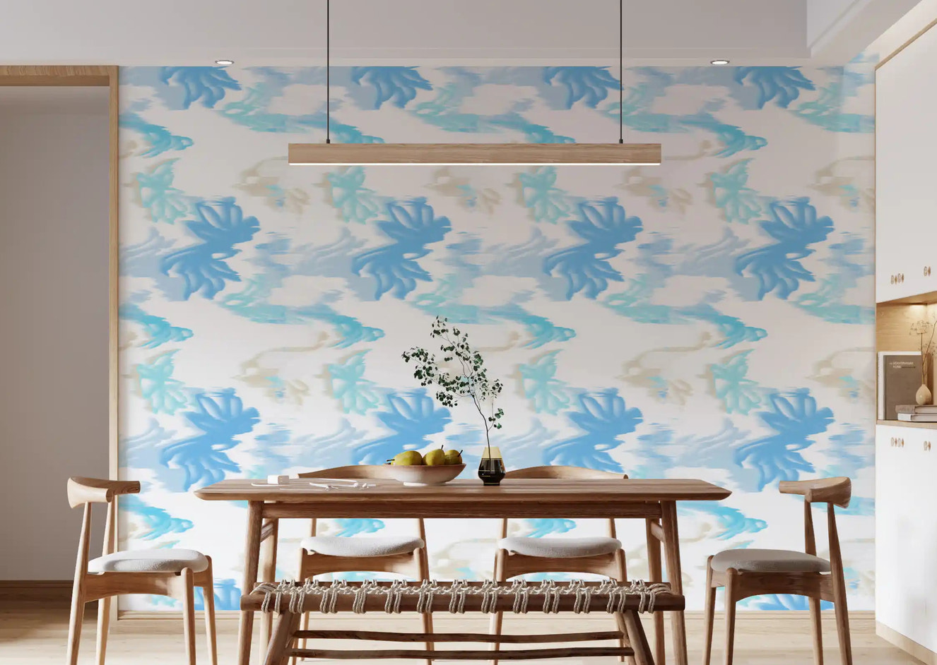Dining room styled with Fluid Serenity wallpaper in soft blue flow pattern