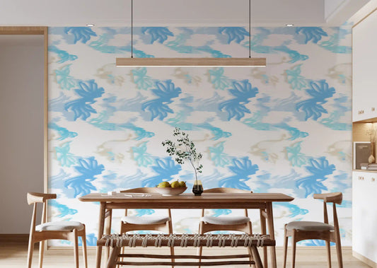 Dining room styled with Fluid Serenity wallpaper in soft blue flow pattern