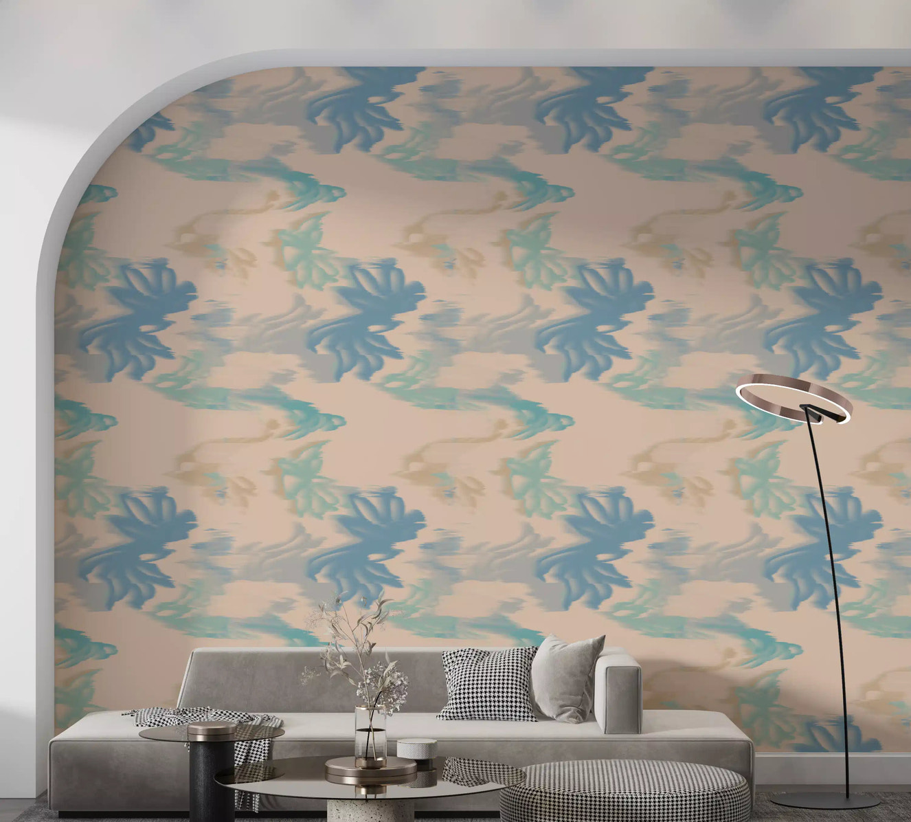 Living room styled with Aqua Drift Abstract wallpaper in soft blue flow pattern