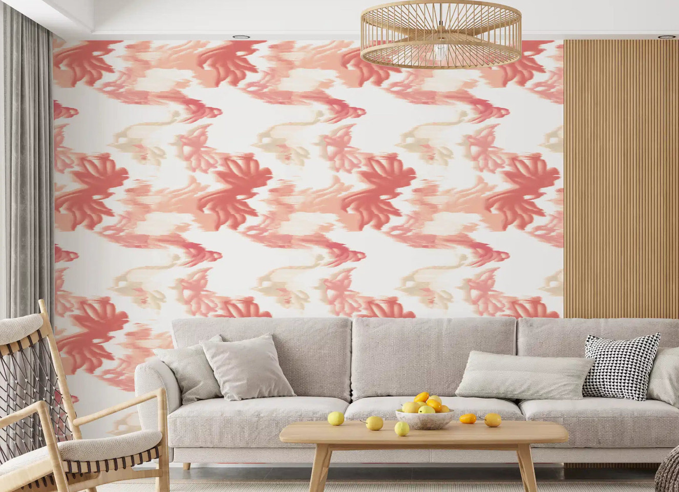 Living room styled with Coral Mist Flow wallpaper in soft coral gradient waves