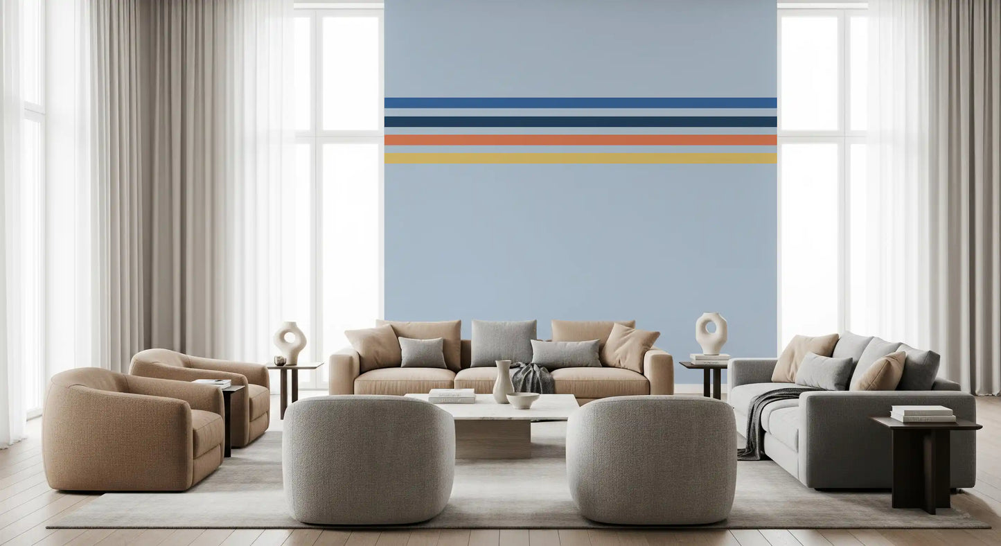 Living room styled with Retro Horizon Stripes wall mural in horizontal bands