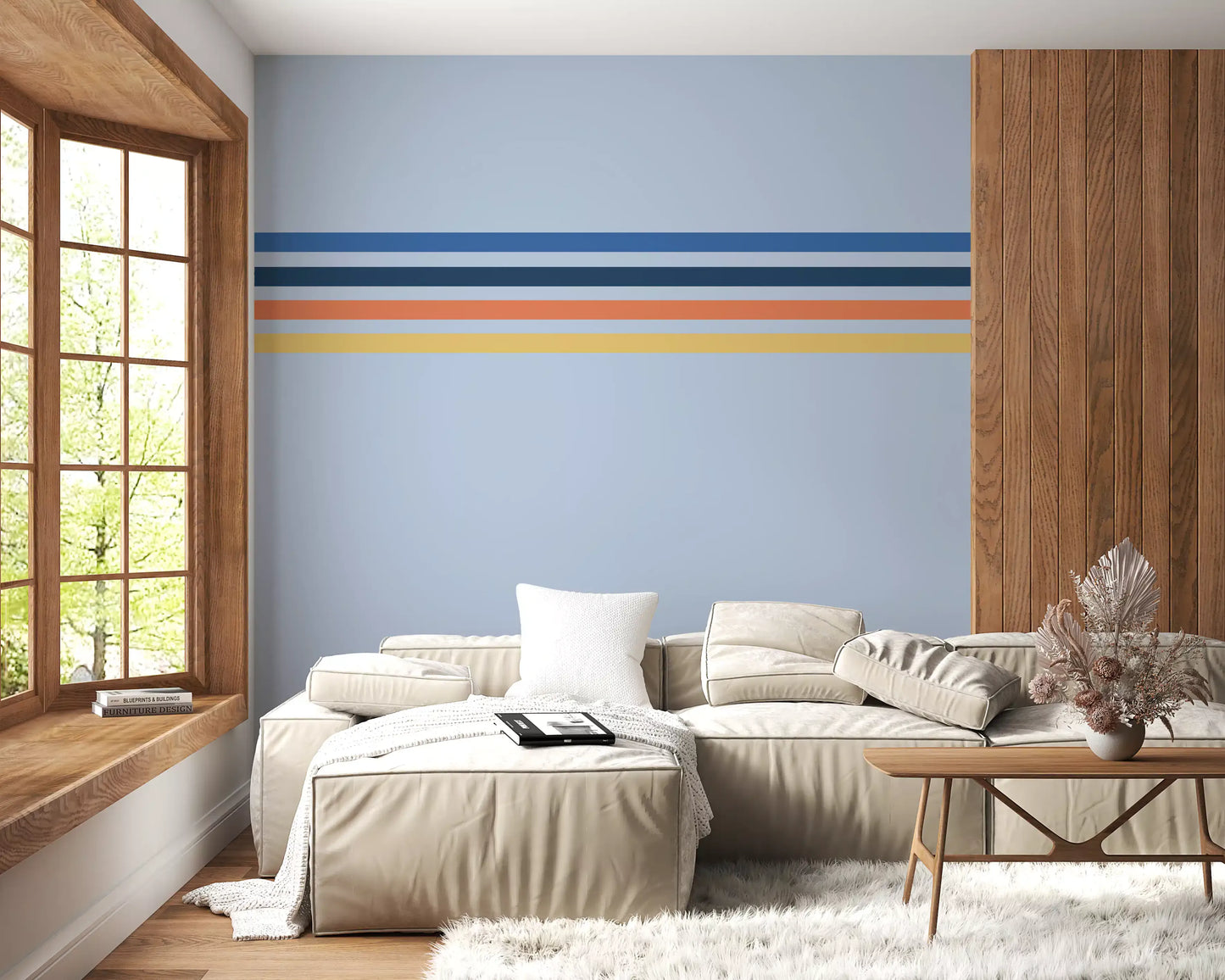 Hallway space using Retro Horizon Stripes wall mural linear stripe design