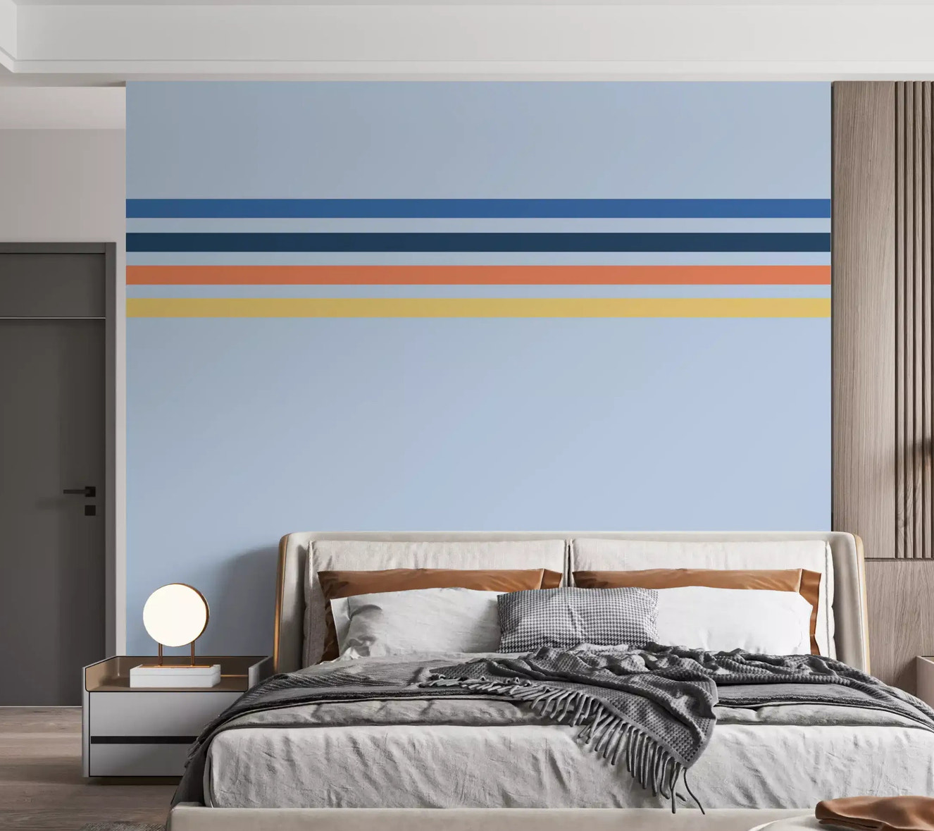 Bedroom wall featuring Retro Horizon Stripes wall mural blue orange lines