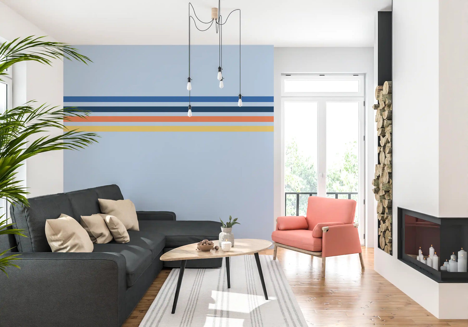 Modern stripe wall mural featuring Retro Horizon Stripes neutral tones