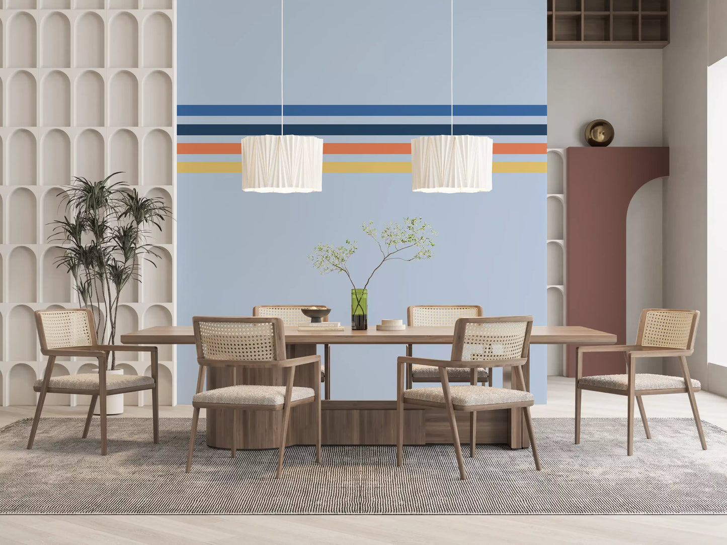 Linear stripe wall mural featuring Retro Horizon Stripes simple design