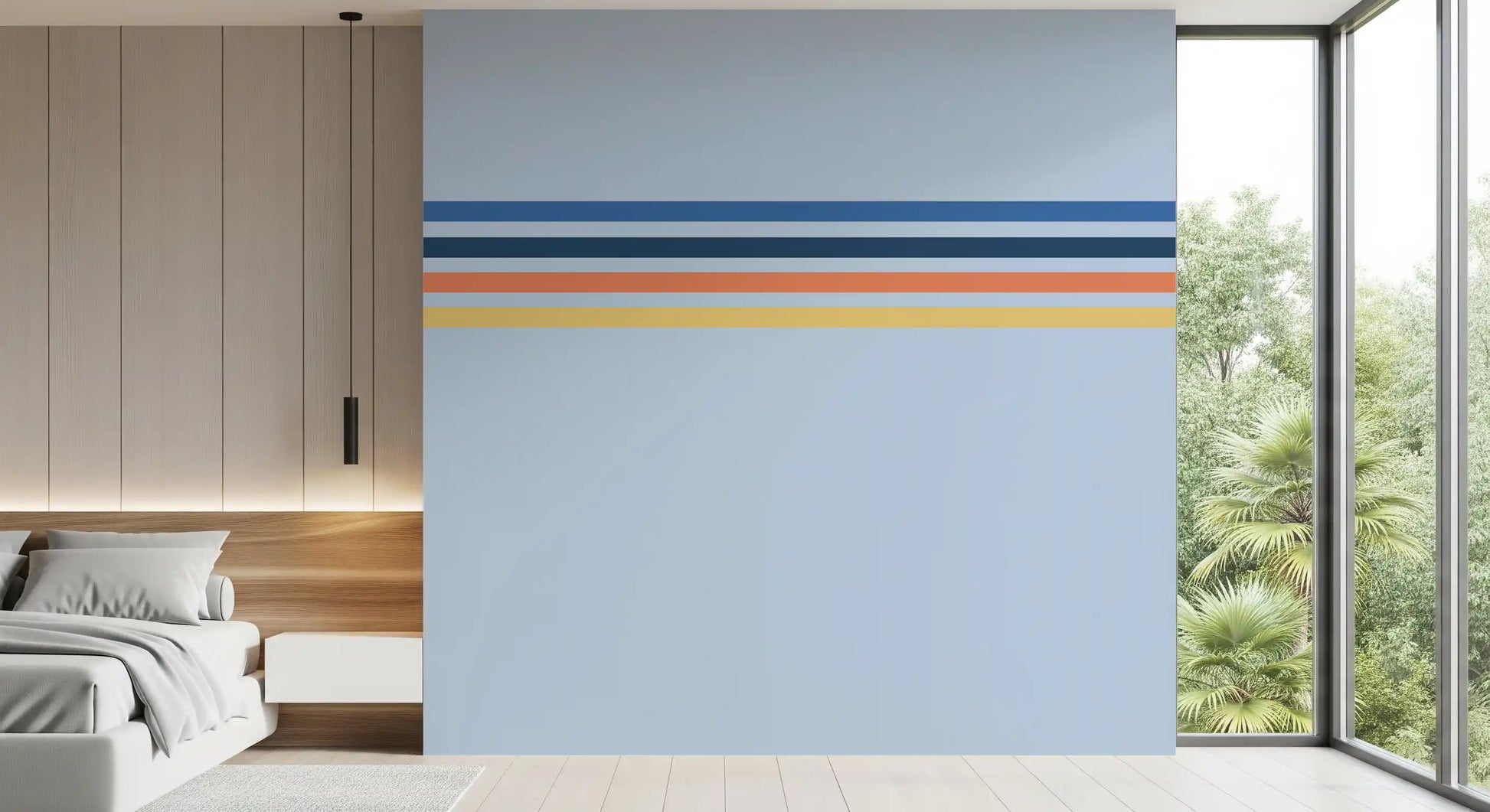 Modern bedroom setup with Retro Horizon Stripes wall mural clean stripe layout