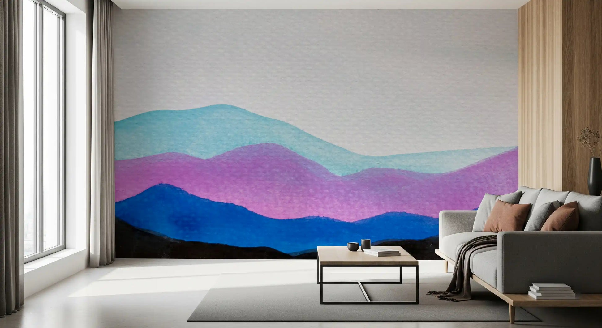 Modern landscape wall mural with Colorflow Mountain Dream soft tones