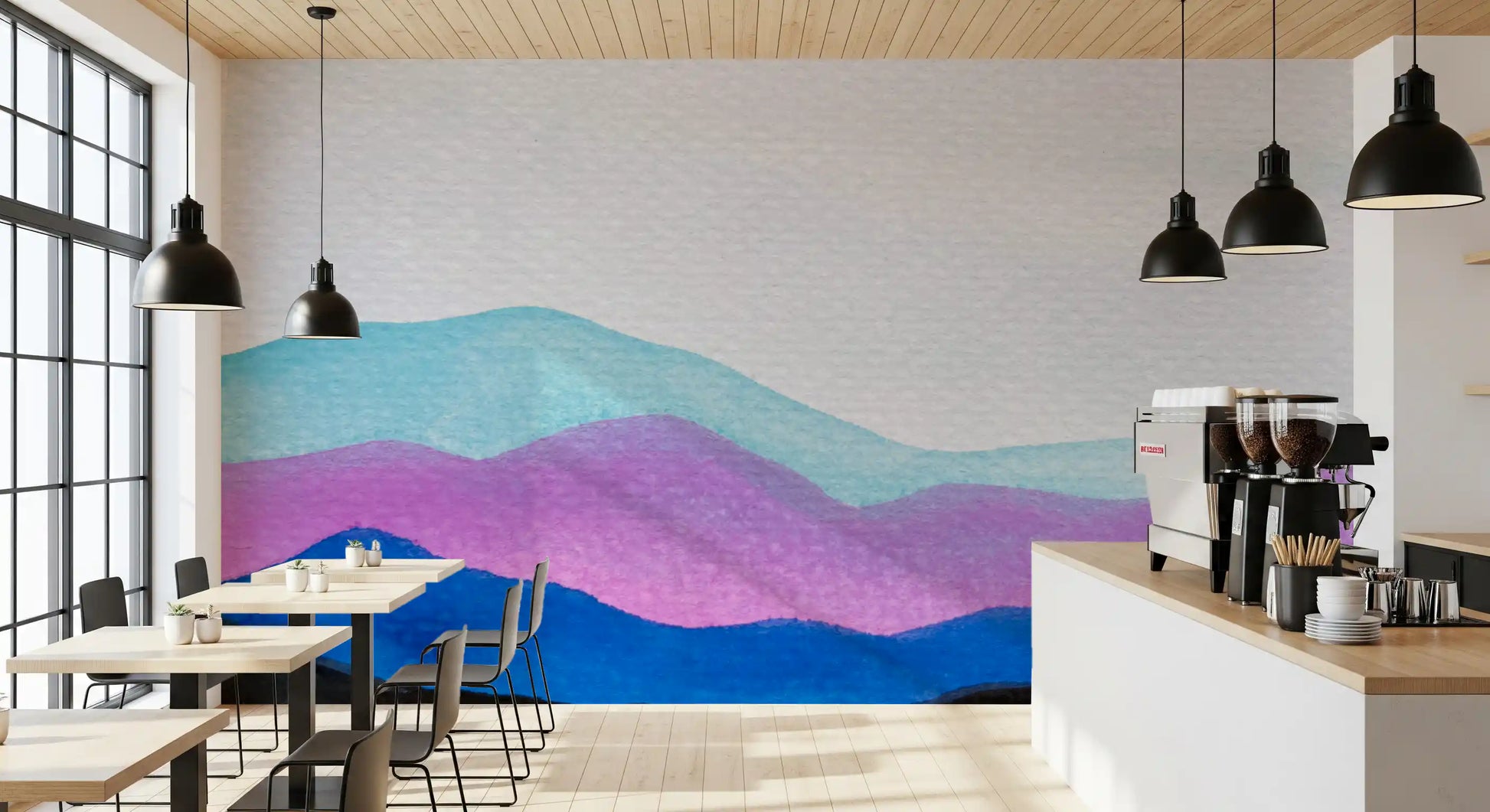 Cafe room setup with Colorflow Mountain Dream wall mural mountain forms