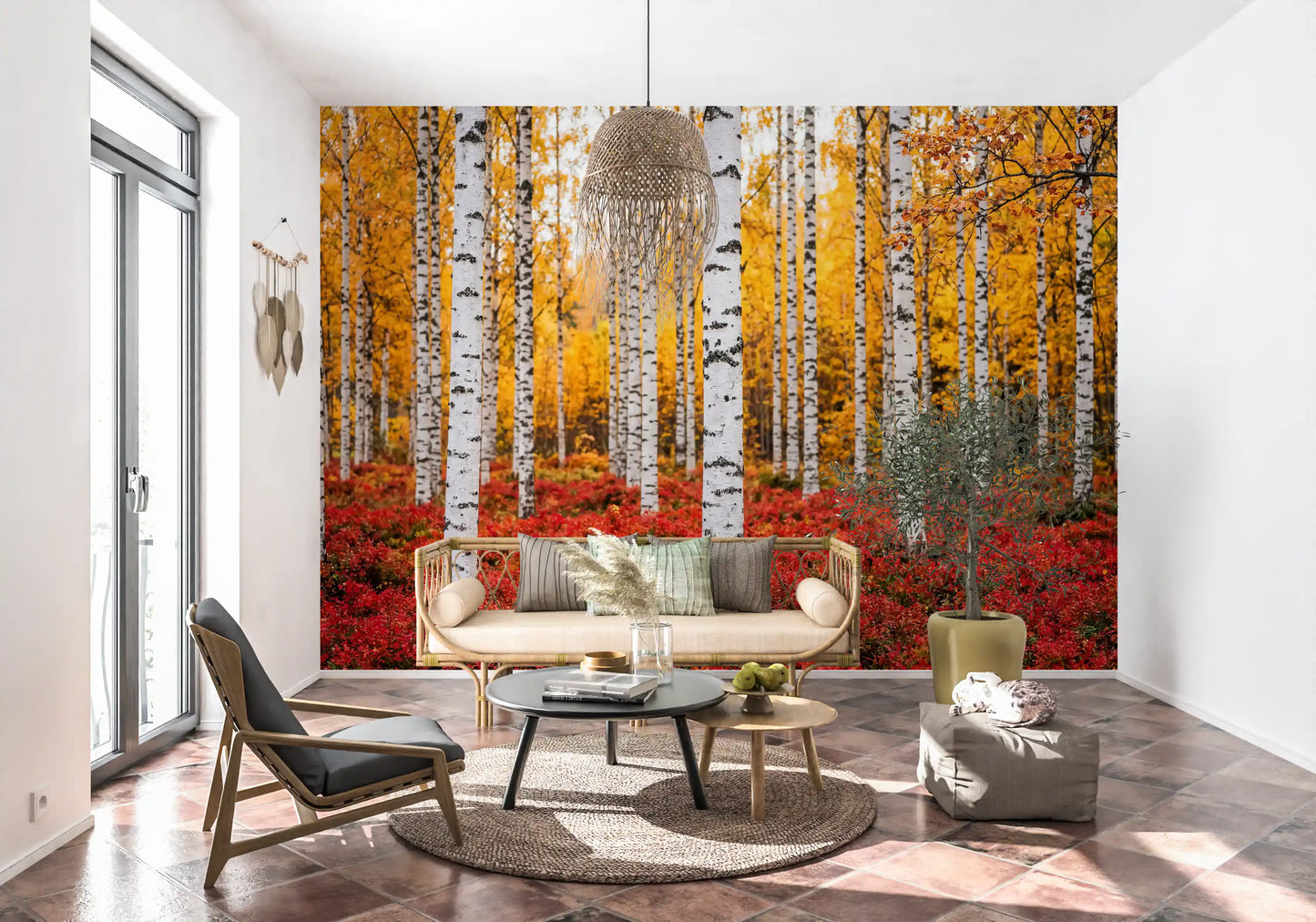 Nature forest wall mural with Golden Canopy Red Carpet vertical tree layout