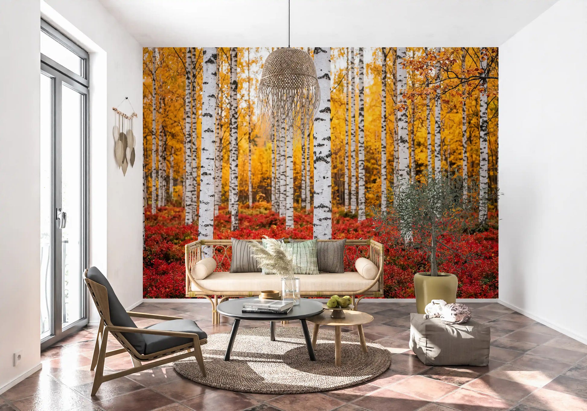 Nature forest wall mural with Golden Canopy Red Carpet vertical tree layout