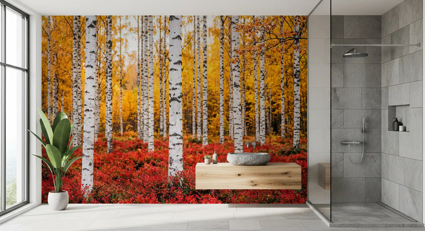 Bathroom setup with Golden Canopy Red Carpet wall mural nature view