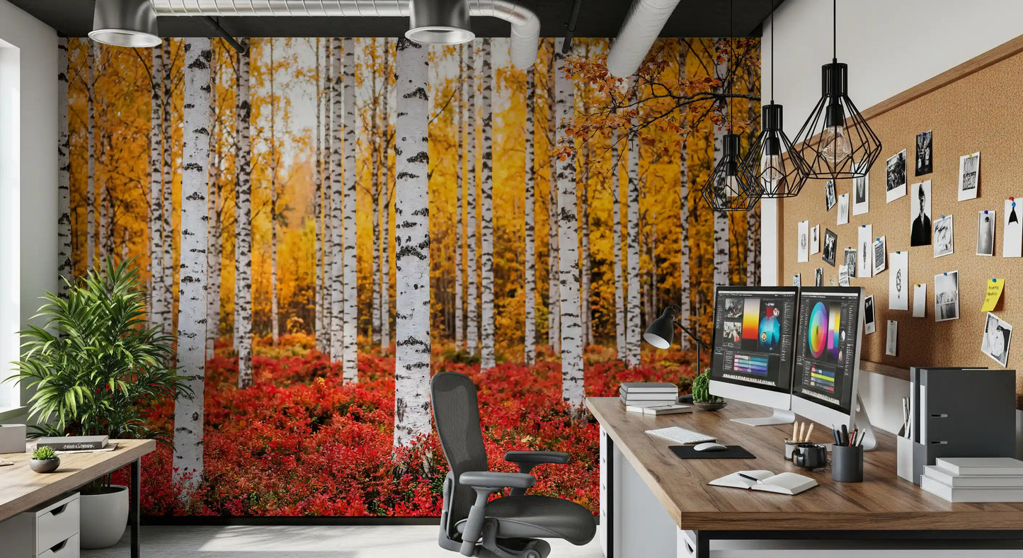 Autumn forest wall mural featuring Golden Canopy Red Carpet tree pattern