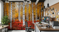 Autumn forest wall mural featuring Golden Canopy Red Carpet tree pattern
