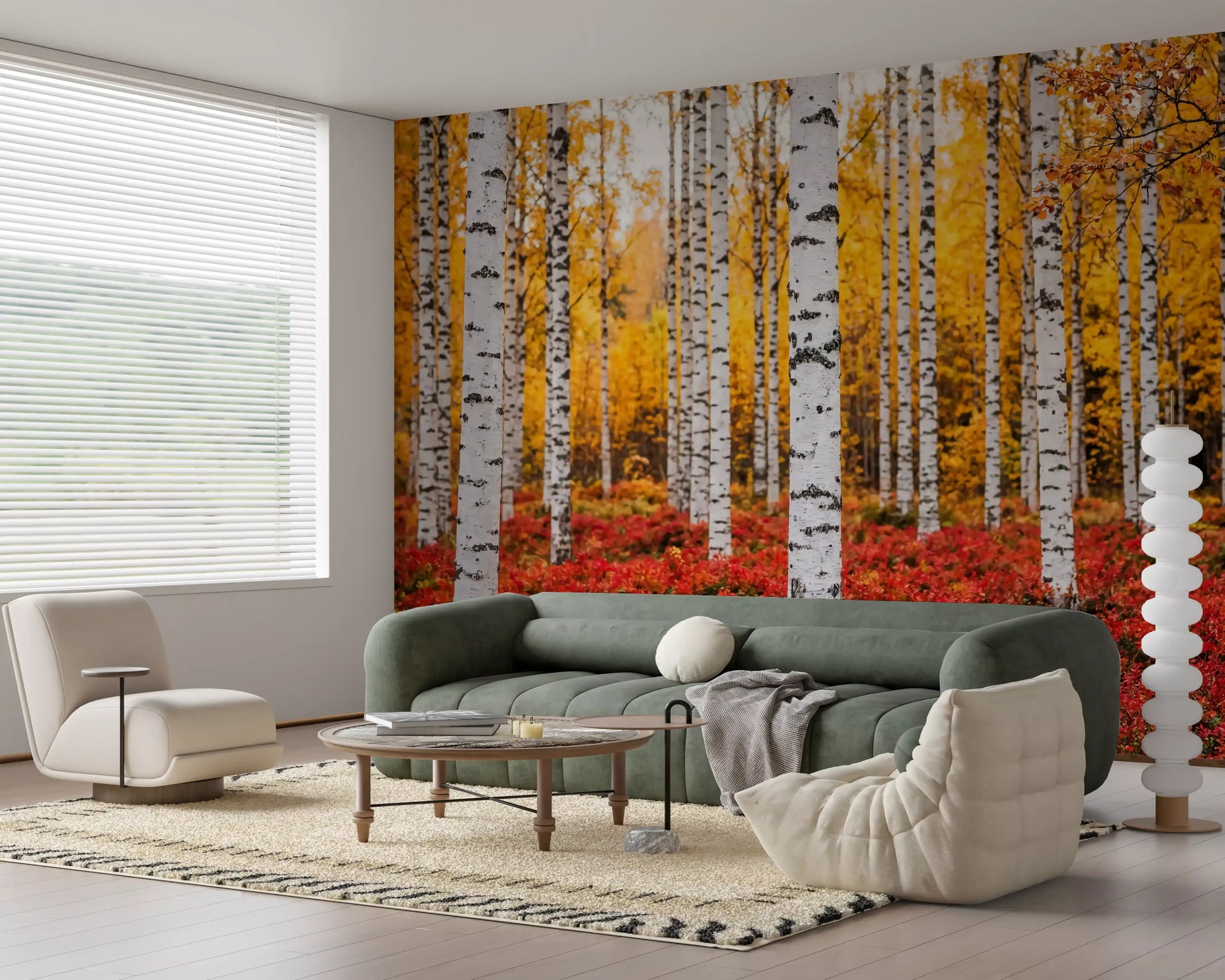 Detailed forest wall mural with Golden Canopy Red Carpet autumn foliage