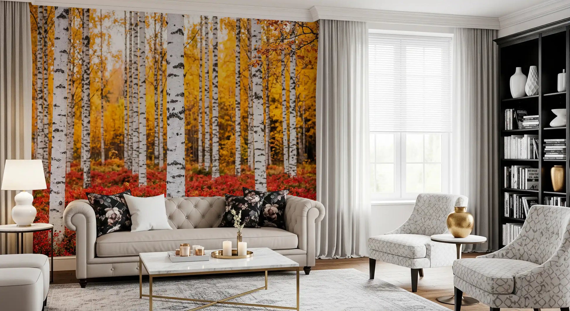 Golden Canopy Red Carpet wall mural with golden leaves and dense red ground