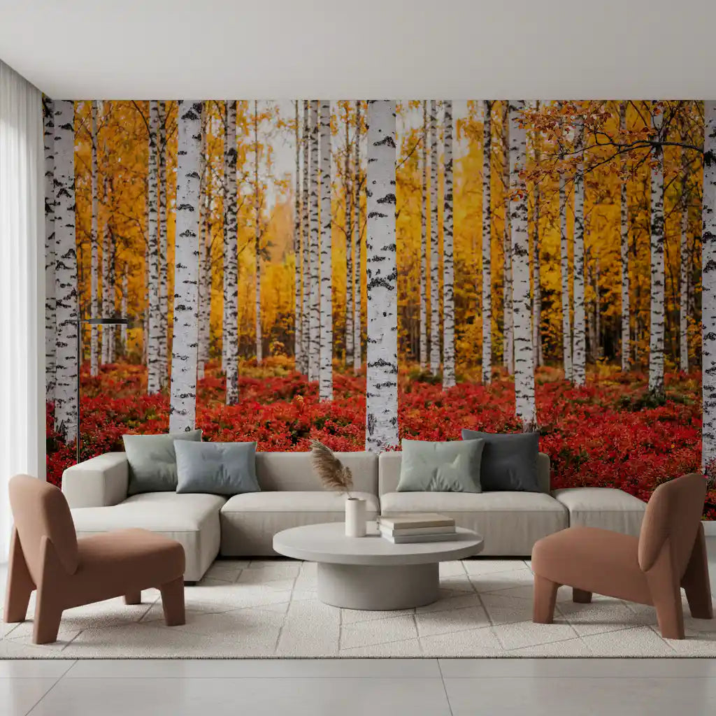 Living room styled with Golden Canopy Red Carpet wall mural forest scene