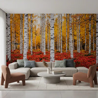 Living room styled with Golden Canopy Red Carpet wall mural forest scene