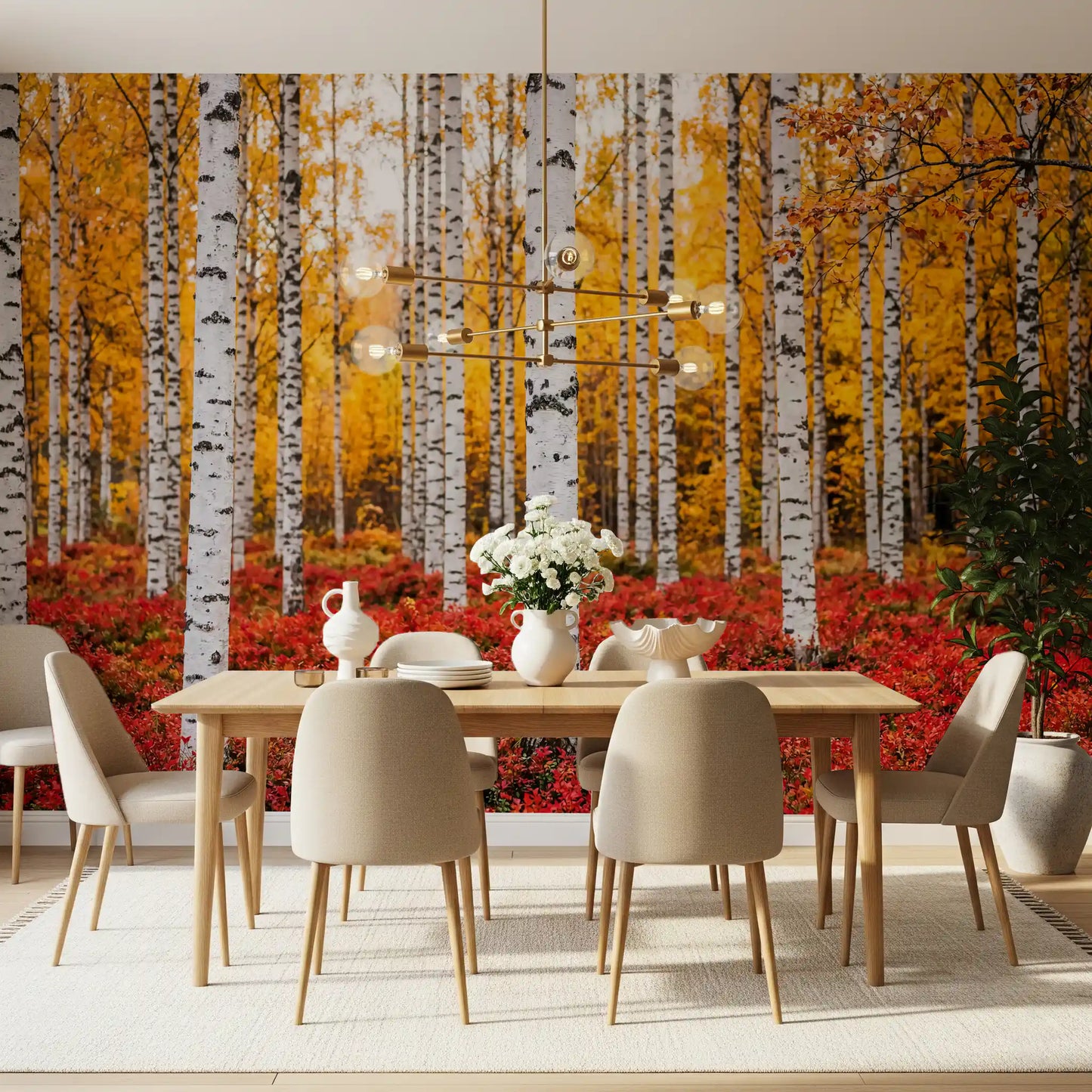 Dining room design using Golden Canopy Red Carpet wall mural autumn forest