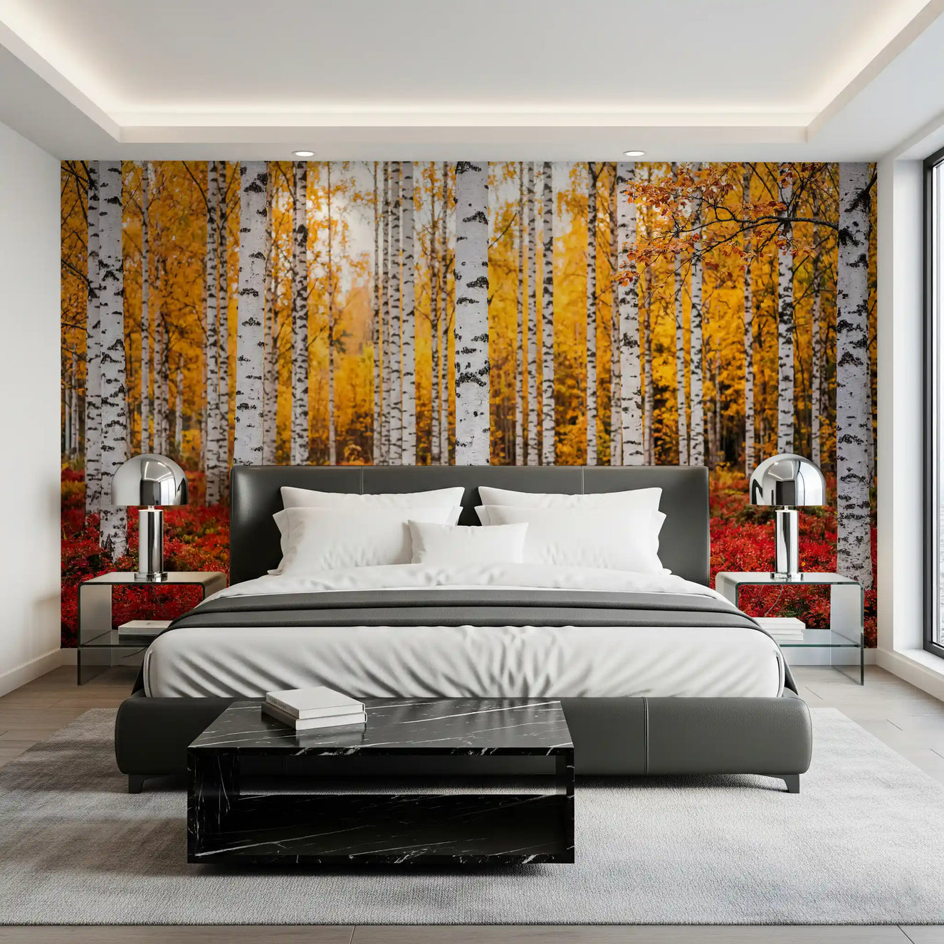 Bedroom wall featuring Golden Canopy Red Carpet wall mural with birch trees