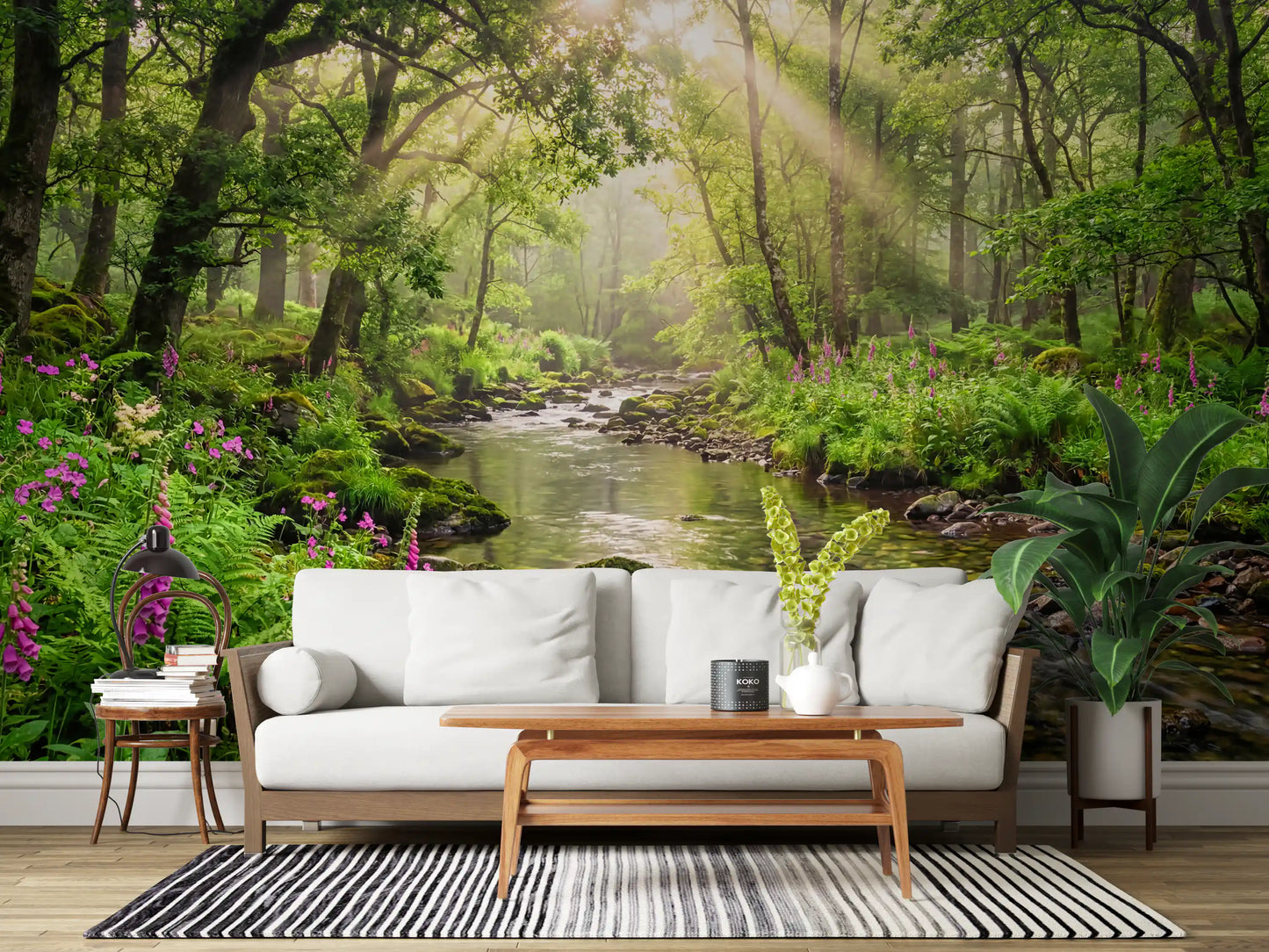 Hallway design using Sunlit Woodland Stream wall mural nature view