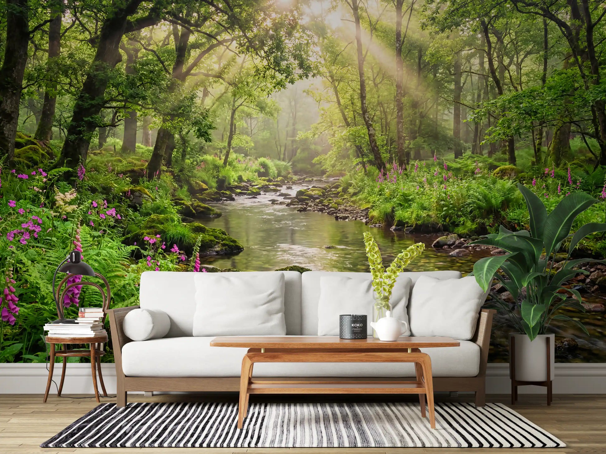 Hallway design using Sunlit Woodland Stream wall mural nature view