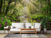 Hallway design using Sunlit Woodland Stream wall mural nature view