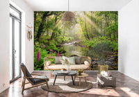 Forest stream wall mural featuring Sunlit Woodland Stream natural detail