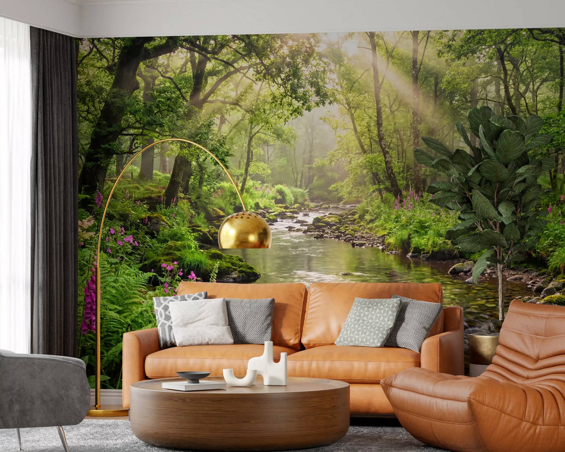 Sunlit Woodland Stream wall mural with sunlight filtering through trees