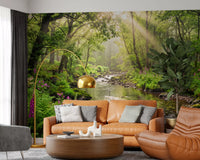 Sunlit Woodland Stream wall mural with sunlight filtering through trees