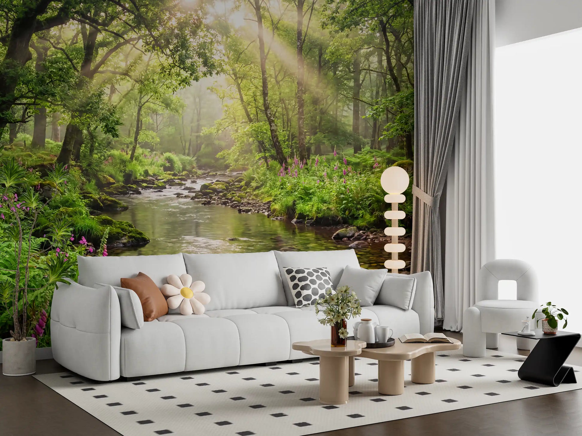 Sunlit Woodland Stream wall mural showing mossy rocks and clear water