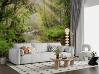 Sunlit Woodland Stream wall mural showing mossy rocks and clear water