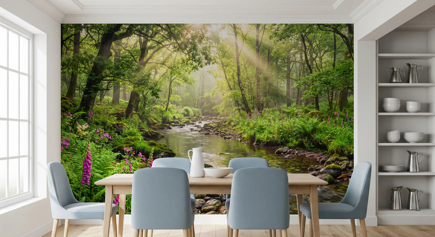 Sunlit Woodland Stream wall mural with flowing water and forest trees