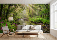 Nature landscape wall mural with Sunlit Woodland Stream river setting