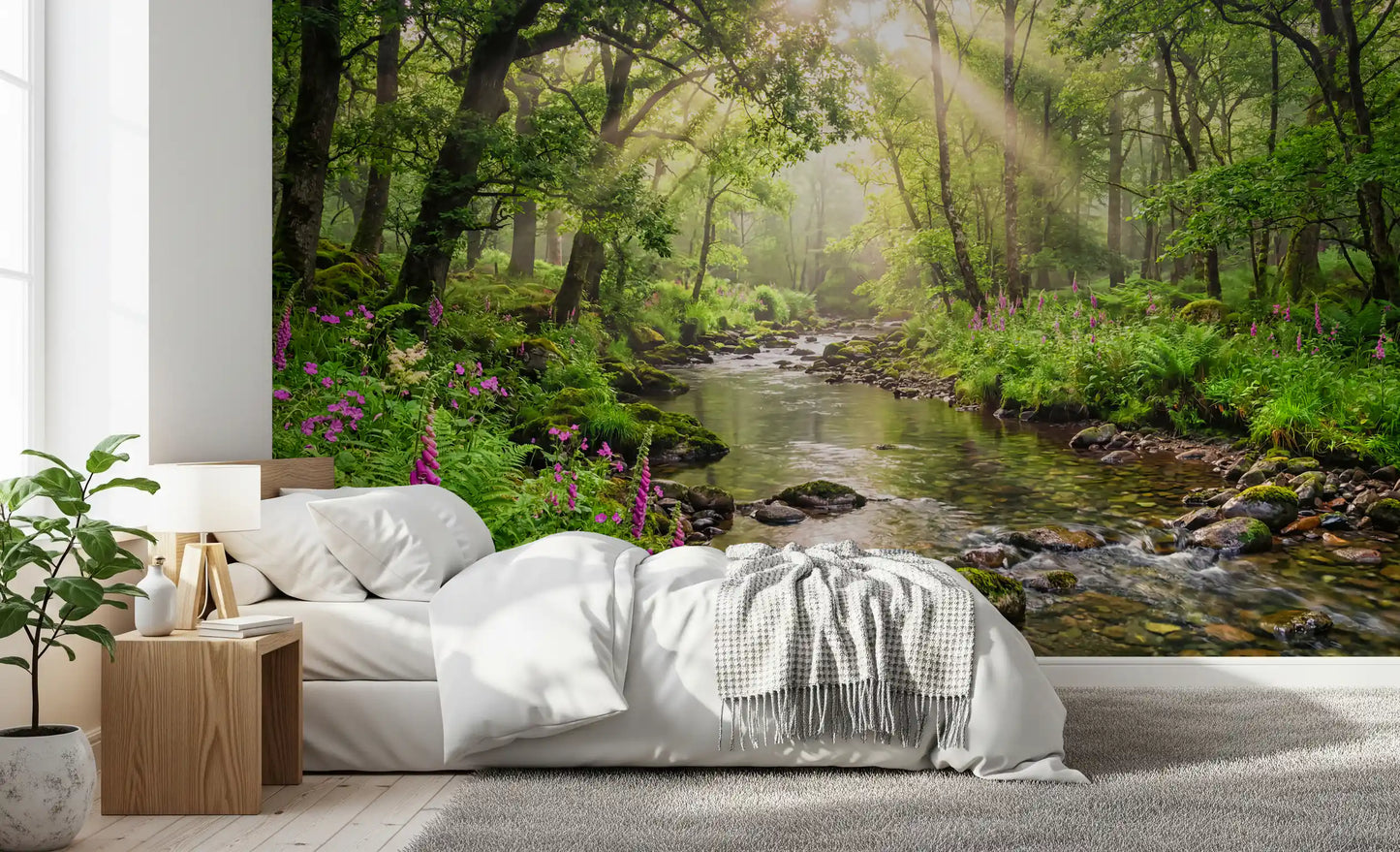 Bedroom wall featuring Sunlit Woodland Stream wall mural with river