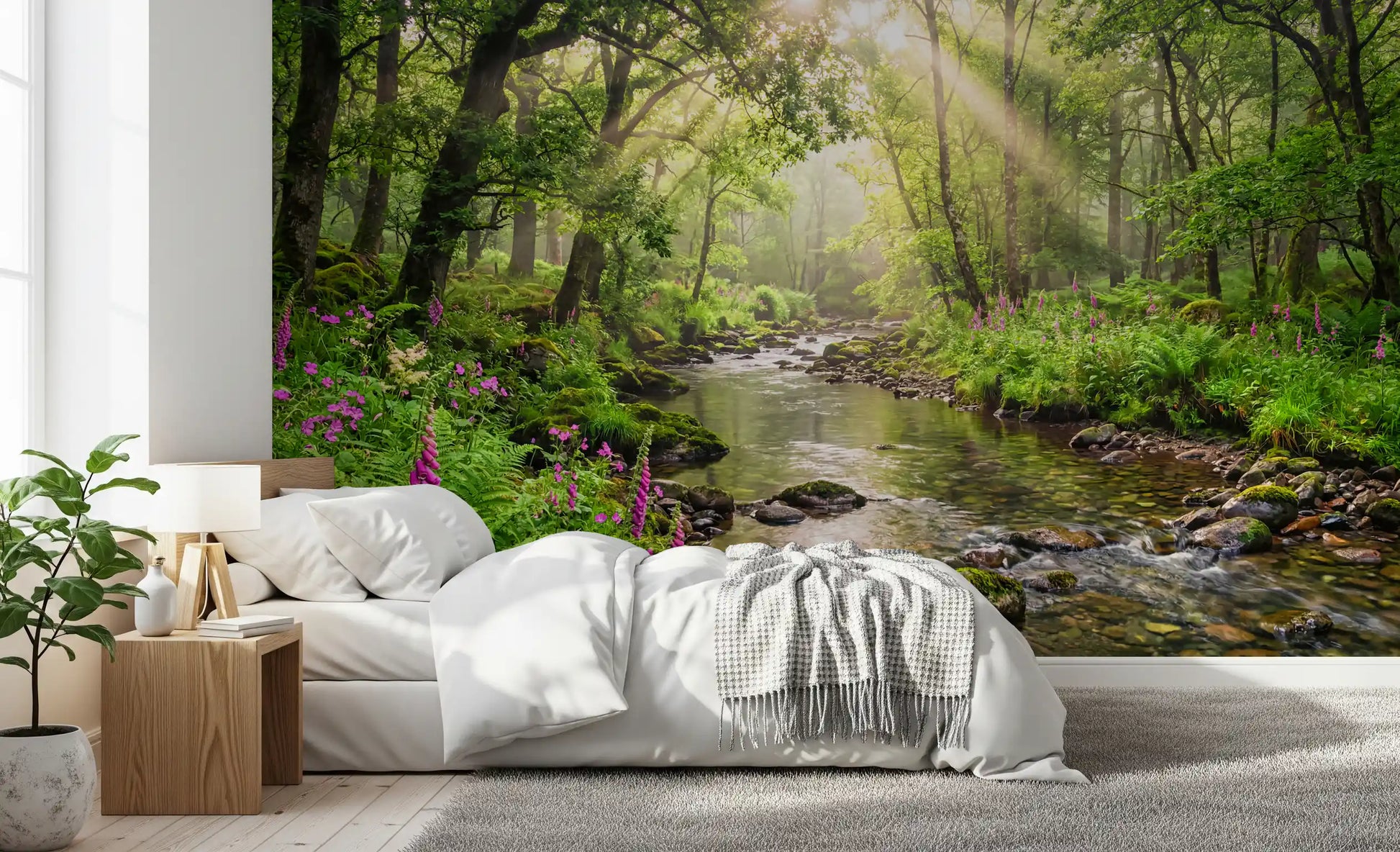 Bedroom wall featuring Sunlit Woodland Stream wall mural with river