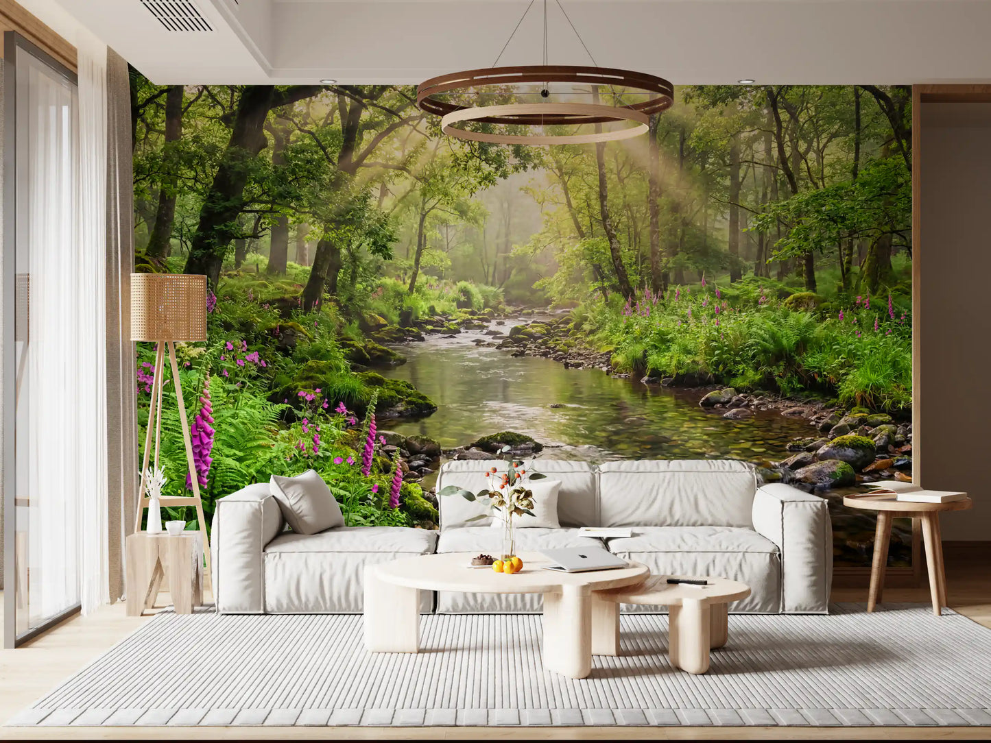 Living room styled with Sunlit Woodland Stream wall mural forest scene