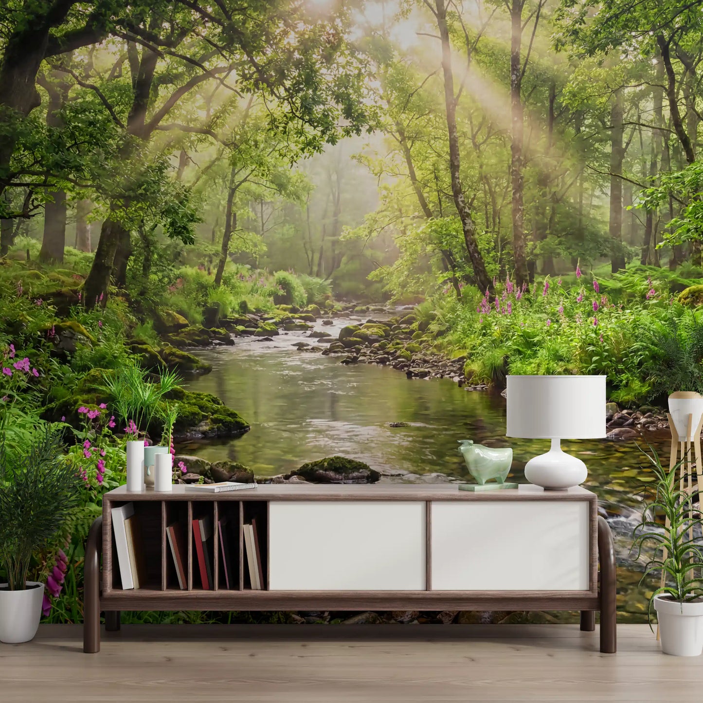 Scenic forest wall mural with Sunlit Woodland Stream greenery layers