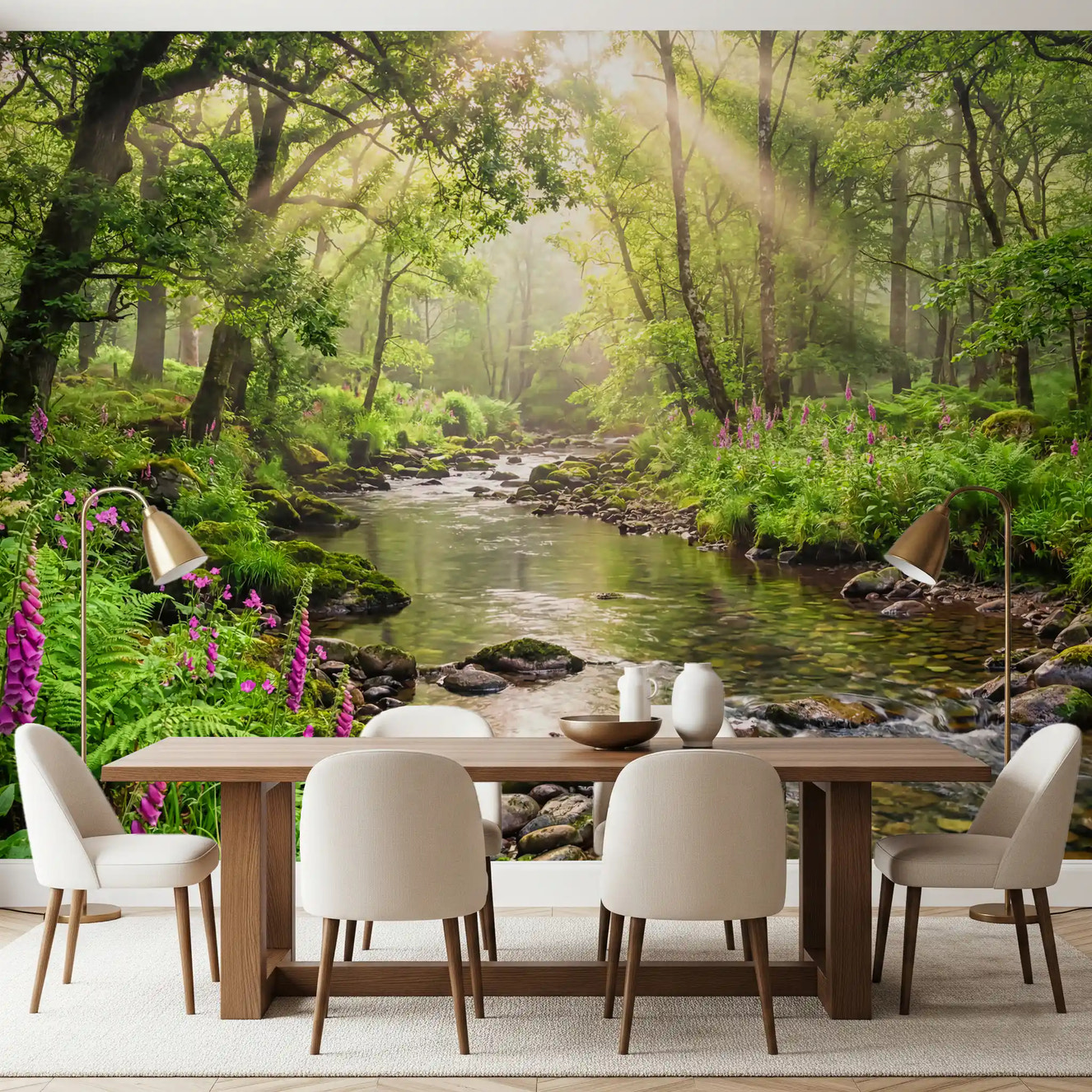 Dining area setup with Sunlit Woodland Stream wall mural greenery