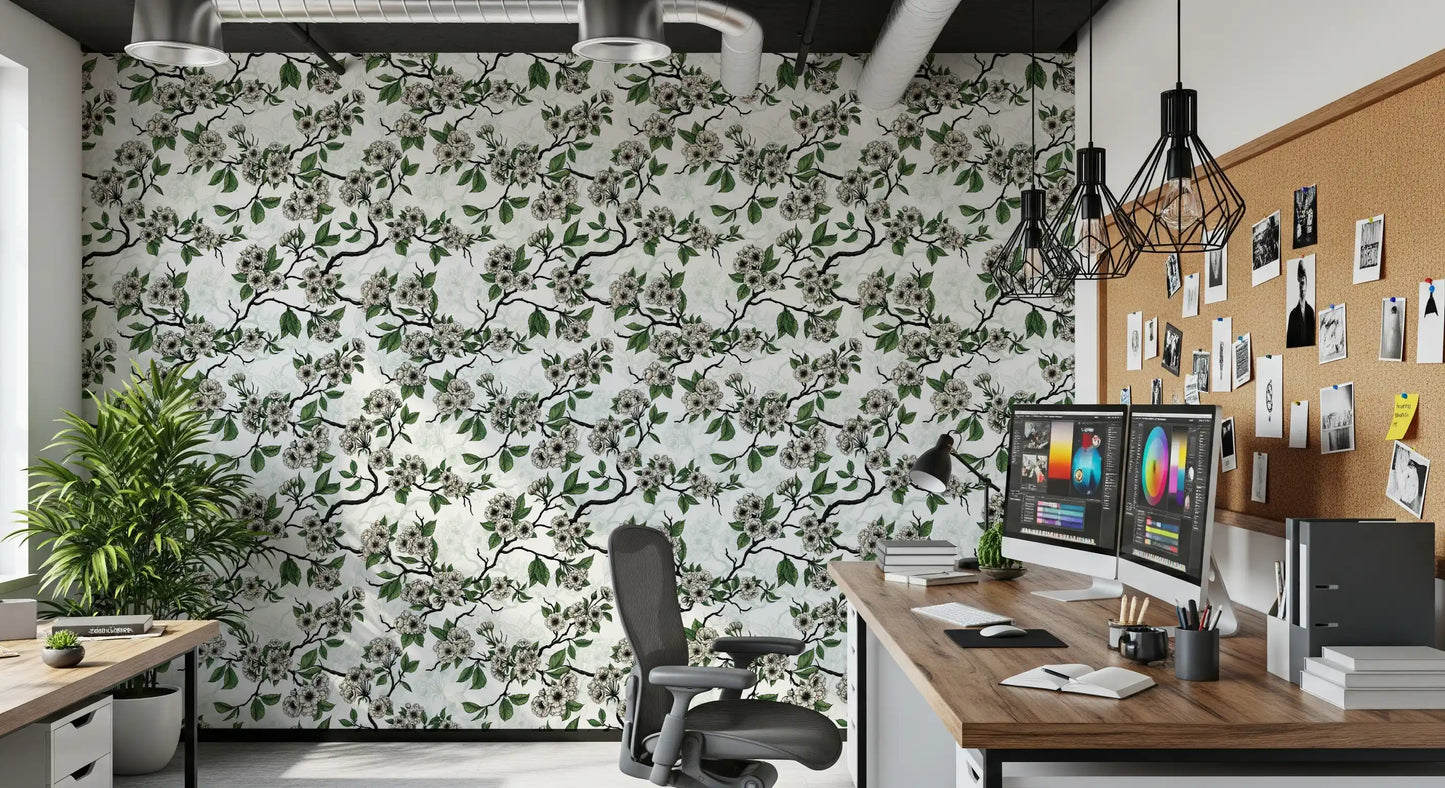 Cherry Blossom on White wallpaper showing layered branch composition