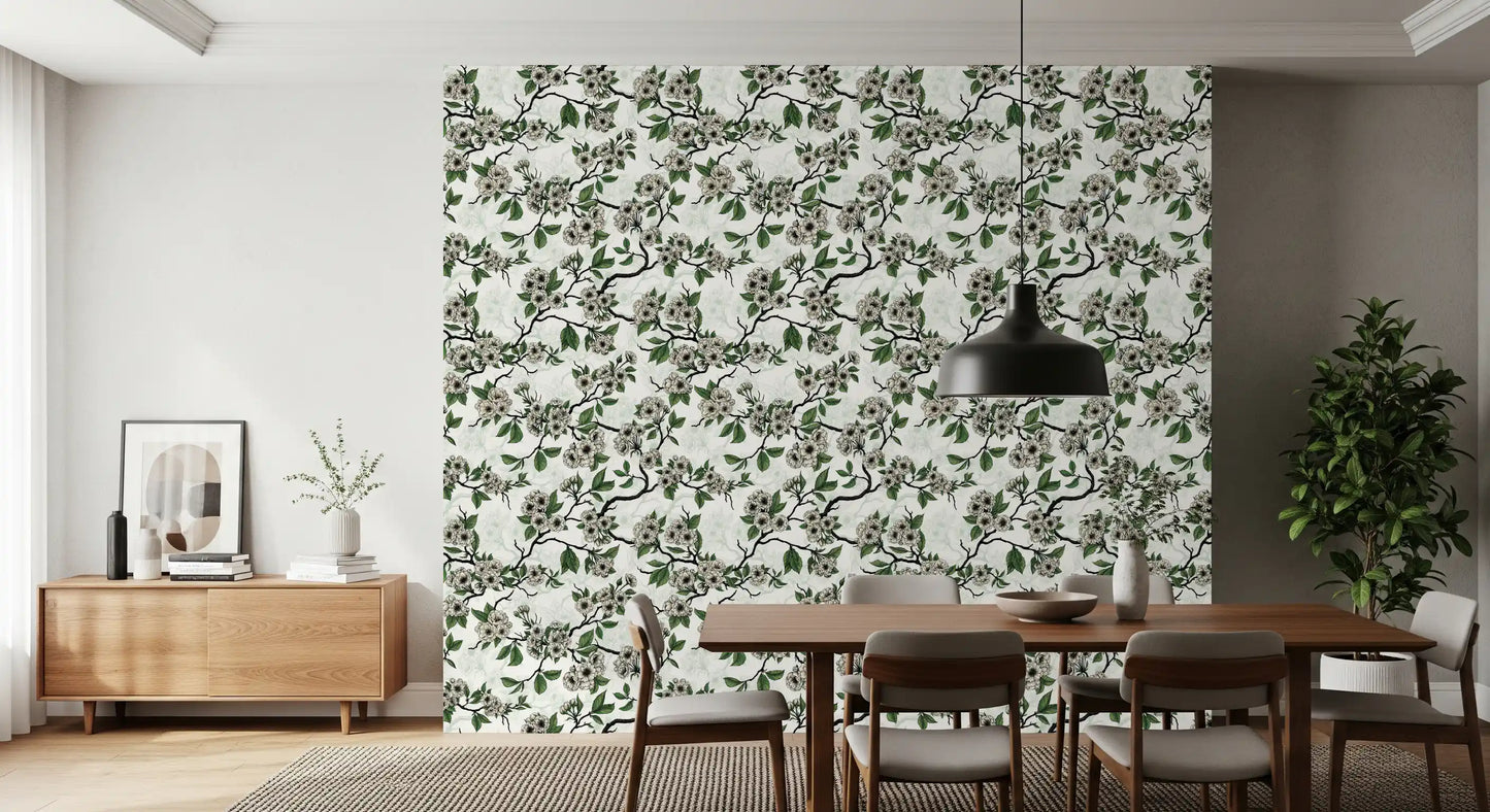 Botanical wallpaper with Cherry Blossom on White crisp background