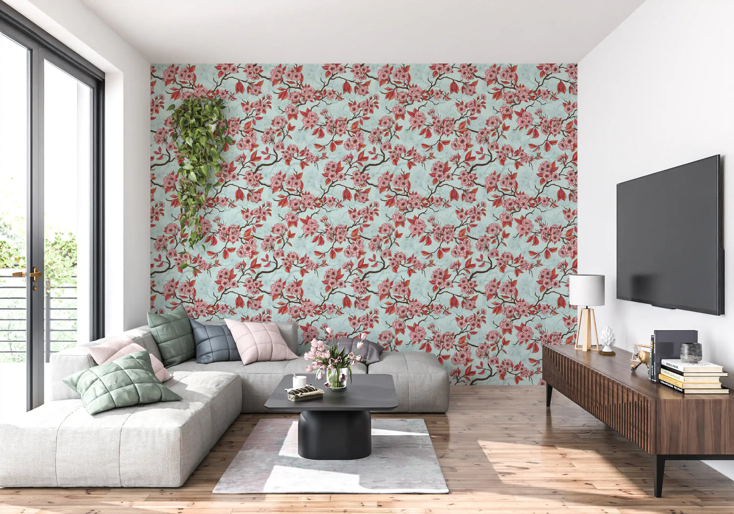 Cherry Blossom on Sea Glass wallpaper with blue background and blossoms