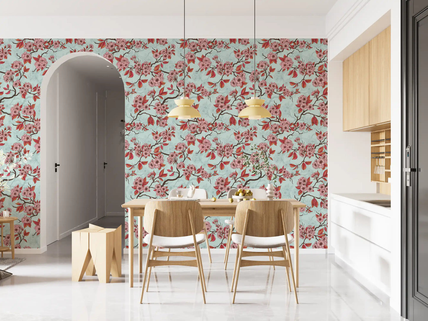 Dining room setup with Cherry Blossom on Sea Glass wallpaper and branches