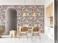 Dining room setup with Cherry Blossom on Sea Glass wallpaper and branches
