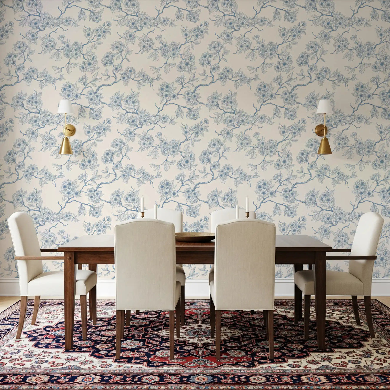 Dining area design using Serene Blossom Branches wallpaper in neutral palette