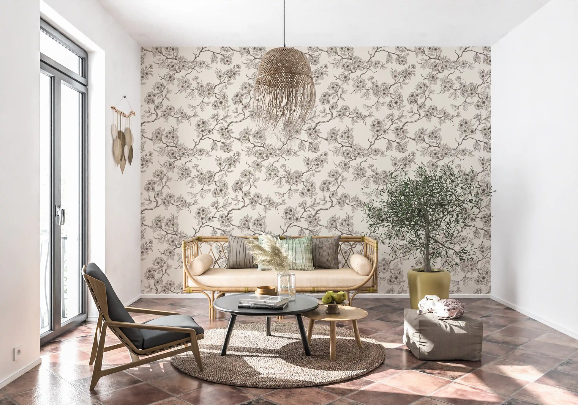 Cherry Blossom Branches wallpaper with detailed floral linework design