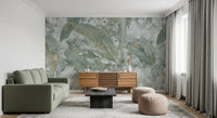 Botanical wall mural featuring Sage Green Tropical Botanical soft foliage